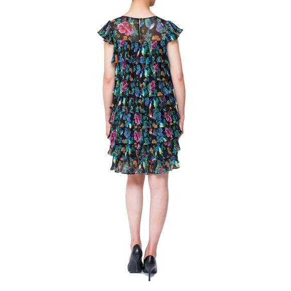 NWOT TARA JARMON Chiffon Pleated Tiered Dress in Multi Floral & Bird Print - Picture 8 of 15